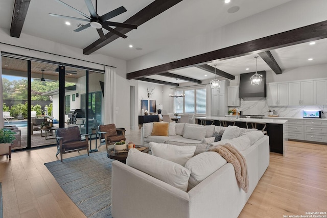 312 Frey, Boerne, TX 78006 - living room featuring beamed ceiling, ceiling fan, recessed lighting, and light wood finished floors