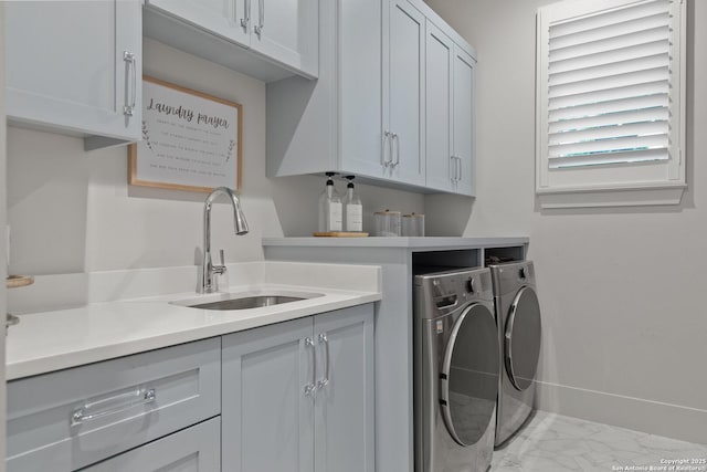 312 Frey, Boerne, TX 78006 - washroom with washing machine and dryer, marble finish floors, and cabinet space