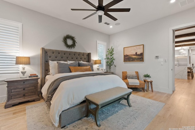 312 Frey, Boerne, TX 78006 - bedroom featuring light wood finished floors, recessed lighting, ceiling fan, and baseboards