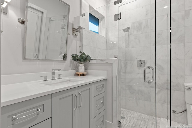 312 Frey, Boerne, TX 78006 - bathroom with toilet, vanity, and a shower stall