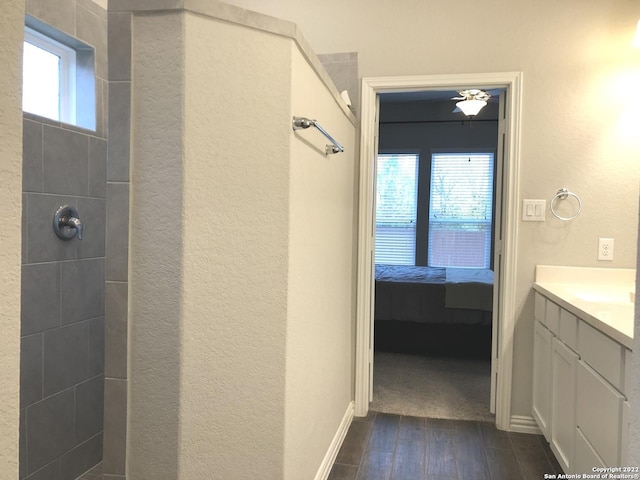 8922 Trail Dust, San Antonio, TX 78254 - bathroom with baseboards, vanity, wood finished floors, connected bathroom, and a tile shower