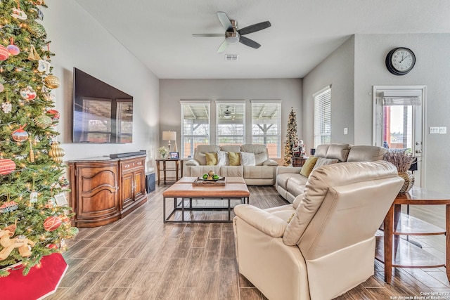 8922 Trail Dust, San Antonio, TX 78254 - living area featuring ceiling fan and wood finished floors