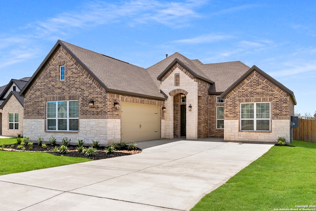 190 Azalea Aly, Castroville, TX 78009 - french country home featuring stone siding, brick siding, concrete driveway, a shingled roof, and a garage
