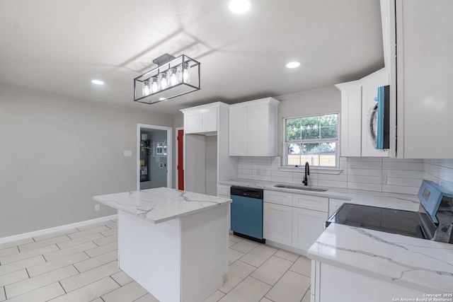206 Scott, Universal City, TX 78148 - kitchen with dishwashing machine, a sink, electric stove, light stone countertops, and white cabinetry