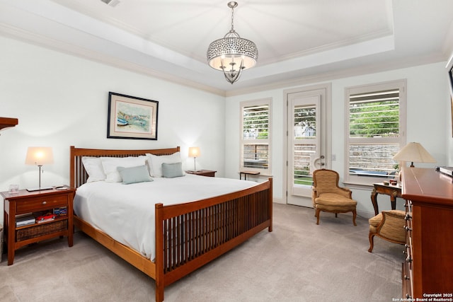 17 Denbury, San Antonio, TX 78257 - bedroom with light carpet, crown molding, access to outside, a raised ceiling, and multiple windows
