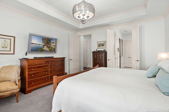 17 Denbury, San Antonio, TX 78257 - bedroom featuring light carpet, ornamental molding, a chandelier, and a tray ceiling