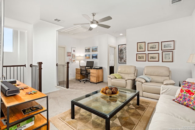 17 Denbury, San Antonio, TX 78257 - living area with attic access, carpet, a ceiling fan, an office area, and recessed lighting