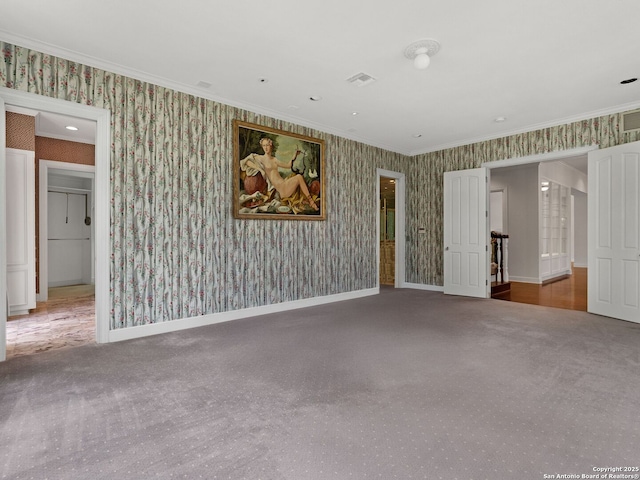 100 Tomahawk Hl, Country Village, TX 78232 - spare room featuring wallpapered walls, ornamental molding, carpet floors, and baseboards