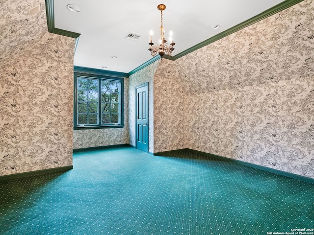 100 Tomahawk Hl, Country Village, TX 78232 - carpeted empty room with a chandelier, crown molding, wallpapered walls, and baseboards