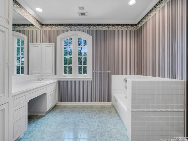 100 Tomahawk Hl, Country Village, TX 78232 - full bathroom featuring a garden tub, vanity, ornamental molding, wallpapered walls, and recessed lighting