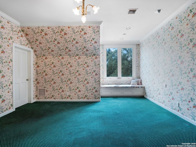 100 Tomahawk Hl, Country Village, TX 78232 - spare room with crown molding, carpet, wallpapered walls, a chandelier, and baseboards