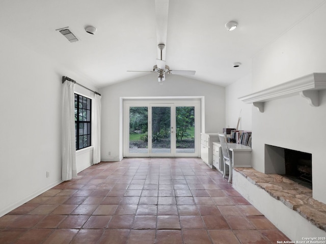 100 Tomahawk Hl, Country Village, TX 78232 - unfurnished living room with lofted ceiling, a ceiling fan, and a fireplace with raised hearth