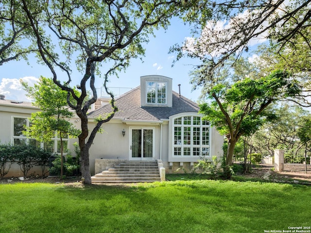 100 Tomahawk Hl, Country Village, TX 78232 - back of property featuring stucco siding, a lawn, and a shingled roof