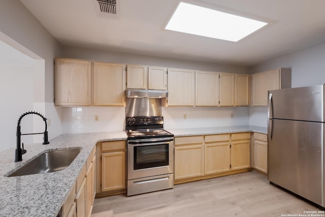 8314 Morning Grv, Converse, TX 78109 - kitchen with stainless steel appliances, a sink, light brown cabinets, and under cabinet range hood