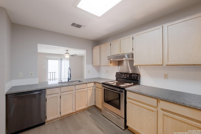 8314 Morning Grv, Converse, TX 78109 - kitchen with dishwasher, electric range, a sink, under cabinet range hood, and light brown cabinetry