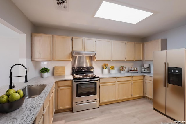 8314 Morning Grv, Converse, TX 78109 - kitchen with appliances with stainless steel finishes, light brown cabinets, a sink, and under cabinet range hood