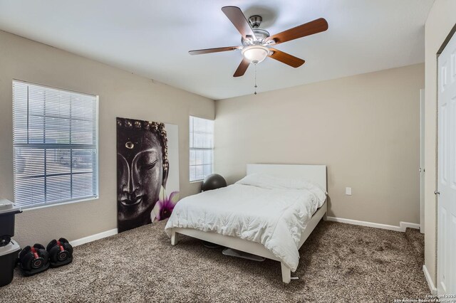 8010 Indian Bnd, San Antonio, TX 78250 - bedroom featuring carpet, baseboards, and a ceiling fan