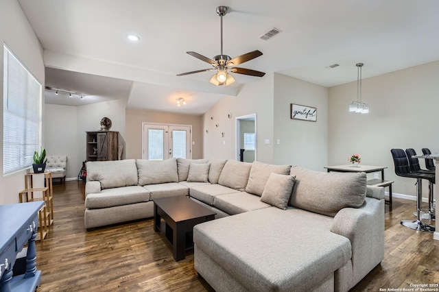 8010 Indian Bnd, San Antonio, TX 78250 - living area featuring a ceiling fan, dark wood-type flooring, lofted ceiling, baseboards, and recessed lighting