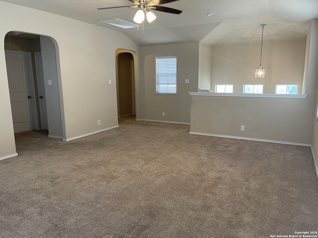 12242 Bening Vly, Schertz, TX 78154 - carpeted spare room featuring arched walkways, a ceiling fan, lofted ceiling, and baseboards