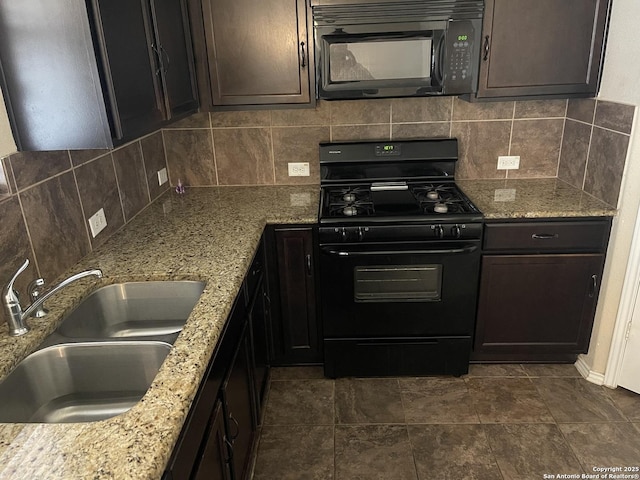 12242 Bening Vly, Schertz, TX 78154 - kitchen featuring black appliances, a sink, tasteful backsplash, and light stone counters