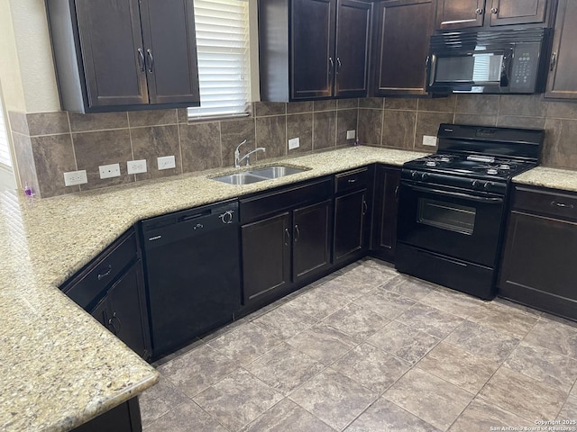 12242 Bening Vly, Schertz, TX 78154 - kitchen with black appliances, a sink, decorative backsplash, and light stone counters