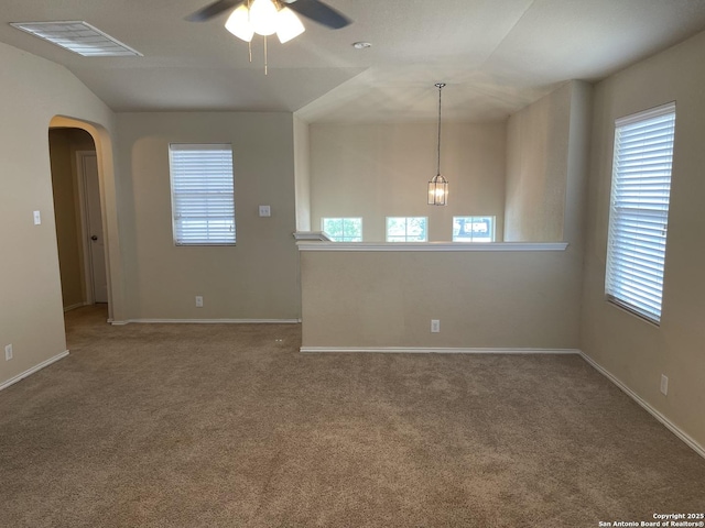 12242 Bening Vly, Schertz, TX 78154 - carpeted spare room featuring a ceiling fan, lofted ceiling, arched walkways, and baseboards