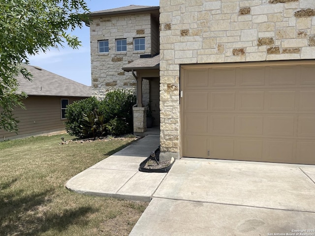 12242 Bening Vly, Schertz, TX 78154 - view of front of property featuring stone siding, a front lawn, an attached garage, and concrete driveway