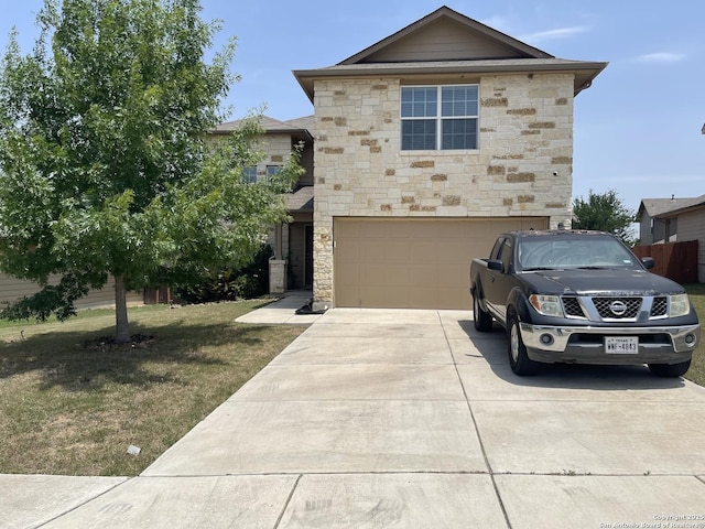12242 Bening Vly, Schertz, TX 78154 - view of front of house featuring stone siding, a garage, concrete driveway, and a front yard