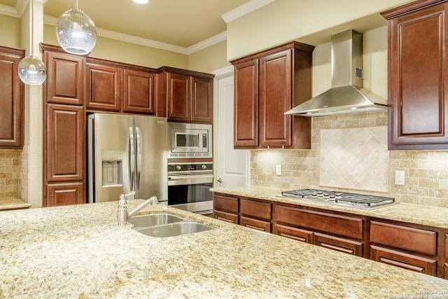 4171 Texas Elm, San Antonio, TX 78230 - kitchen with wall chimney exhaust hood, stainless steel appliances, light stone countertops, decorative light fixtures, and crown molding