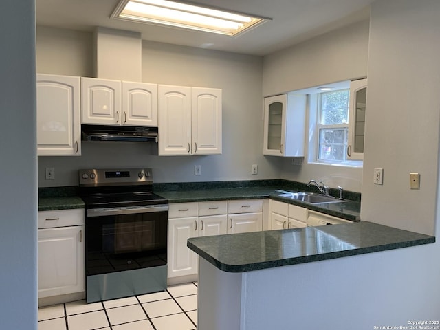 1076 Eastview, Canyon Lake, TX 78133 - kitchen featuring stainless steel electric stove, under cabinet range hood, white cabinets, glass insert cabinets, and dark countertops