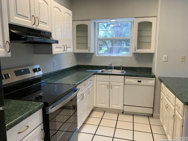1076 Eastview, Canyon Lake, TX 78133 - kitchen featuring electric range, dishwasher, under cabinet range hood, white cabinets, and glass insert cabinets