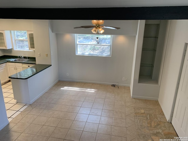 1076 Eastview, Canyon Lake, TX 78133 - kitchen with dark countertops, a sink, a ceiling fan, a peninsula, and baseboards