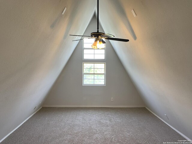 1076 Eastview, Canyon Lake, TX 78133 - additional living space featuring ceiling fan, carpet floors, lofted ceiling, and baseboards