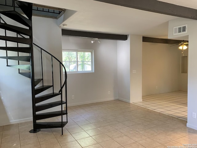 1076 Eastview, Canyon Lake, TX 78133 - stairs featuring tile patterned flooring, beam ceiling, and a ceiling fan