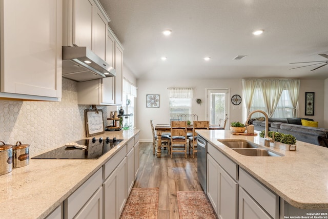 948 Black Horse Way, San Antonio, TX 78260 - kitchen featuring a sink, exhaust hood, black electric cooktop, dishwasher, and light wood-style floors