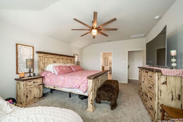 948 Black Horse Way, San Antonio, TX 78260 - bedroom featuring light colored carpet, lofted ceiling, baseboards, a ceiling fan, and ensuite bathroom