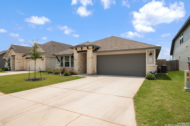 948 Black Horse Way, San Antonio, TX 78260 - view of front of property with stone siding, cooling unit, an attached garage, driveway, and roof with shingles