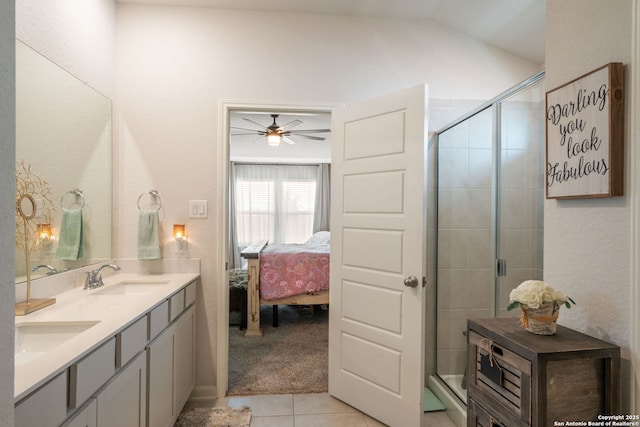 948 Black Horse Way, San Antonio, TX 78260 - full bath featuring double vanity, a ceiling fan, a stall shower, vaulted ceiling, and tile patterned flooring