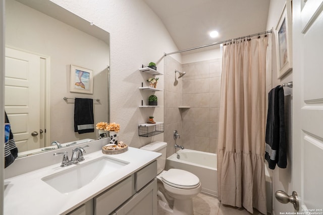 948 Black Horse Way, San Antonio, TX 78260 - bathroom with toilet, vanity, shower / tub combo with curtain, lofted ceiling, and tile patterned floors