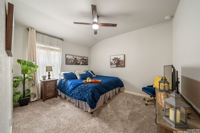948 Black Horse Way, San Antonio, TX 78260 - carpeted bedroom featuring vaulted ceiling, ceiling fan, and baseboards