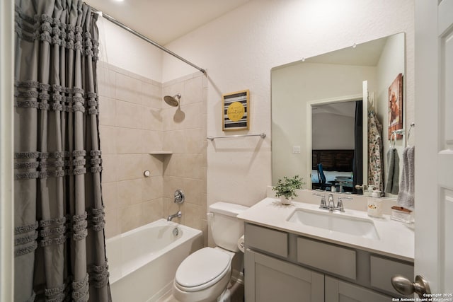 948 Black Horse Way, San Antonio, TX 78260 - bathroom with toilet, shower / bathtub combination with curtain, and vanity