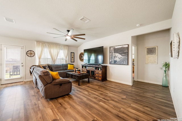 948 Black Horse Way, San Antonio, TX 78260 - living room featuring ceiling fan, wood finished floors, a textured ceiling, and baseboards