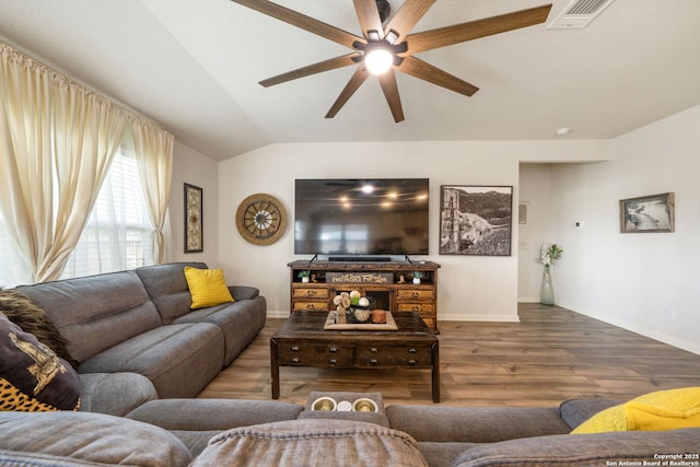 948 Black Horse Way, San Antonio, TX 78260 - living area with a ceiling fan, wood finished floors, lofted ceiling, and baseboards