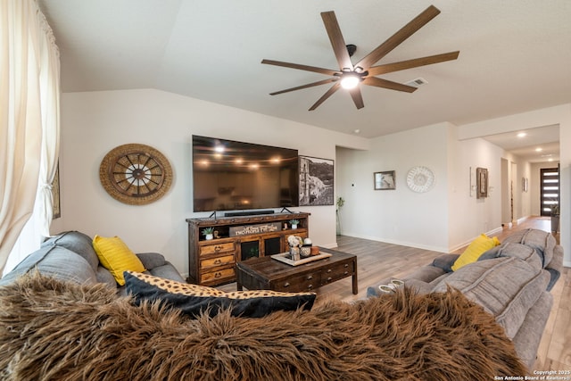 948 Black Horse Way, San Antonio, TX 78260 - living room with ceiling fan, wood finished floors, vaulted ceiling, and baseboards