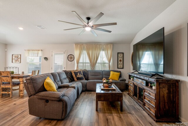 948 Black Horse Way, San Antonio, TX 78260 - living room featuring ceiling fan and wood finished floors