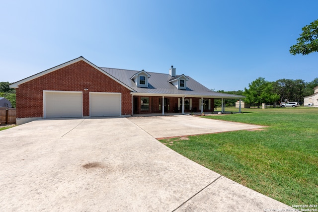 8718 Paseo Oaks, San Antonio, TX 78255 - view of front of home featuring covered porch, a garage, concrete driveway, metal roof, and a chimney
