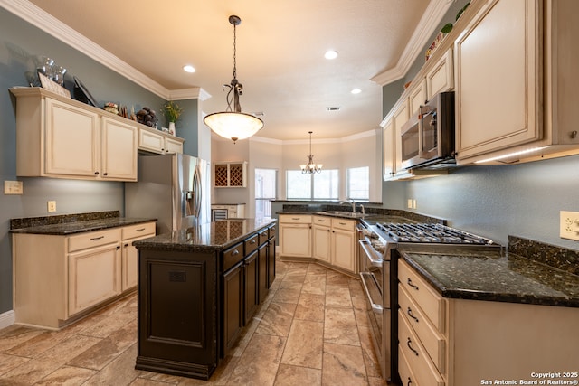 8718 Paseo Oaks, San Antonio, TX 78255 - kitchen with appliances with stainless steel finishes, cream cabinetry, a sink, a peninsula, and crown molding