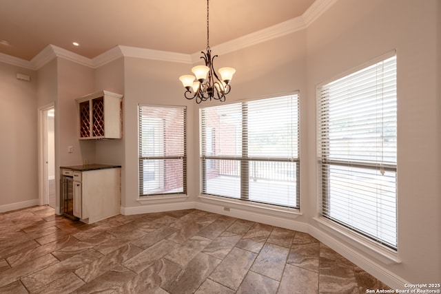 8718 Paseo Oaks, San Antonio, TX 78255 - unfurnished dining area featuring crown molding, stone tile flooring, plenty of natural light, baseboards, and recessed lighting