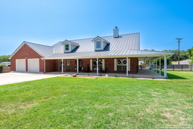 8718 Paseo Oaks, San Antonio, TX 78255 - view of front facade with a standing seam roof, a porch, a chimney, brick siding, and an attached garage