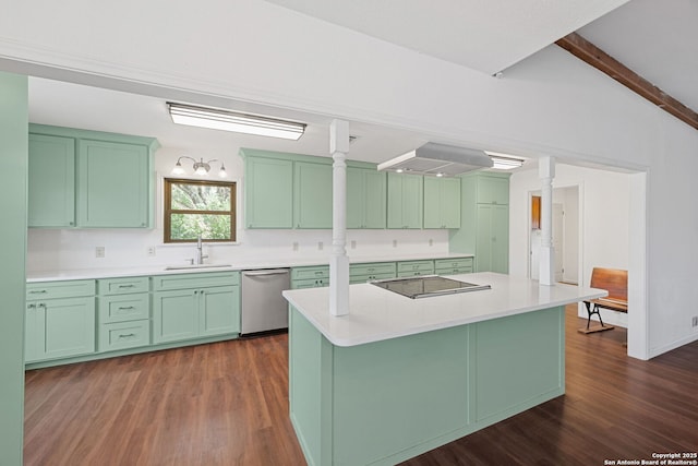 1312 Acorn, Hondo, TX 78861 - kitchen featuring dishwasher, green cabinetry, a sink, black electric stovetop, and decorative columns